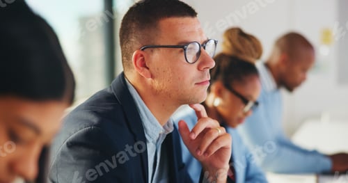 Preview: Meeting, listening and business man in workshop, corporate training and learning in insurance