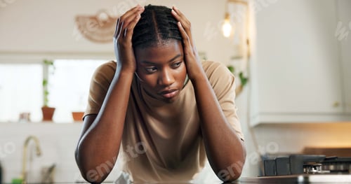 Preview: Thinking, headache and woman with stress in kitchen for burnout, overworked and household pressure