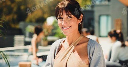 Preview: Exercise, mature and yoga instructor outdoor for teaching class, demonstration