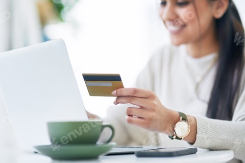 Preview: Happy woman, hands or laptop with credit card for ecommerce, payment or banking in office