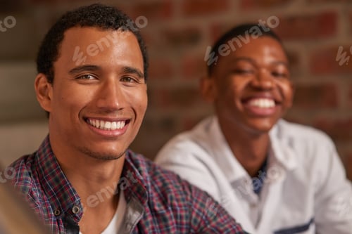 Preview: Portrait, friends and men with smile, university and confident with scholarship