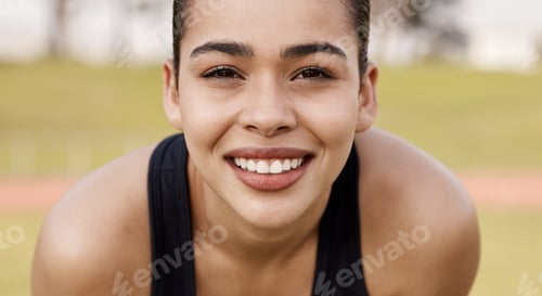 Preview: Portrait, athlete and woman with smile outdoor for fitness, exercise and endurance training