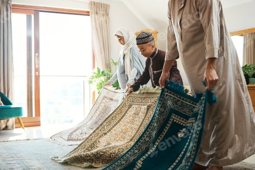 Preview: Muslim family, prayer and mat in home with worship for ramadan, Islam or lesson with Allah
