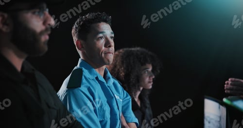 Preview: Security guard, computer and cctv surveillance with teamwork for inspection service