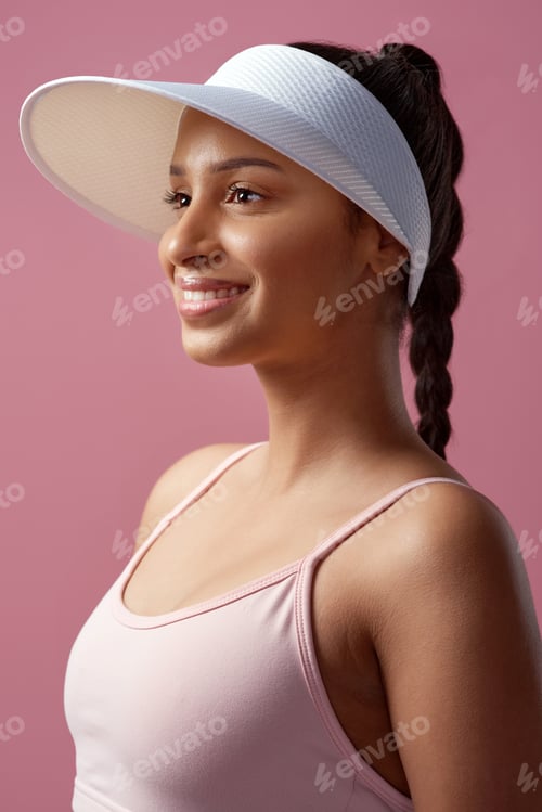 Preview: Fitness, ideas and smile with woman in studio for inspiration, planning or tennis training