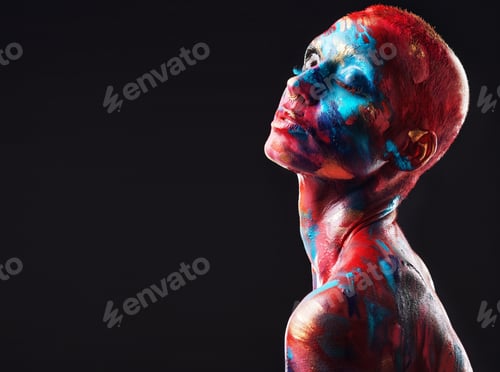 Preview: Artistic, woman or face paint with body art in studio for pigment design, bold texture or space