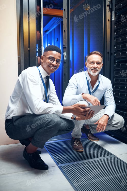 Preview: Portrait, people and programming with tablet in server room for research, coding and cybersecurity