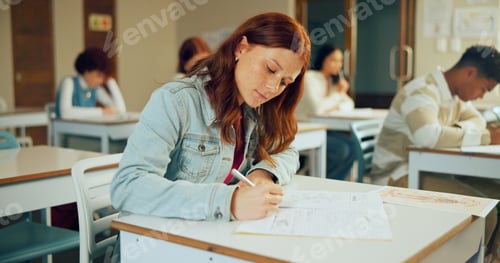 Preview: Student, girl and writing in high school with quiz, biology assessment and problem solving for test