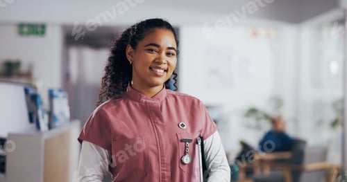Preview: Woman, nurse and happy in hospital for portrait, confidence and community service
