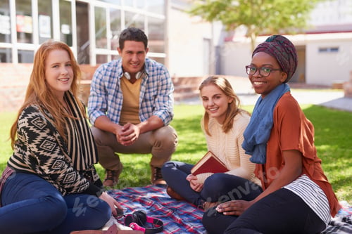 Preview: Education, friends and students outdoor for studying at university, campus or school for exam