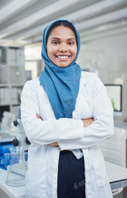 Preview: Portrait, woman and scientist with arms crossed in lab for research, chemistry and experiment