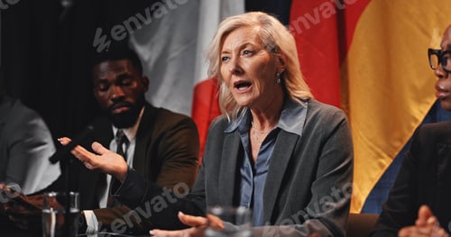 Preview: Politics, group or woman with speech at press conference for media debrief