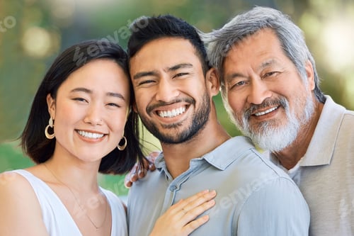 Preview: Love, portrait or couple with elderly parent, happiness or bonding together on weekend break