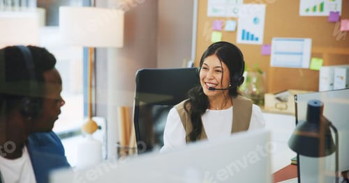 Preview: Business, people and smile with headset at call centre for customer service, crm and training