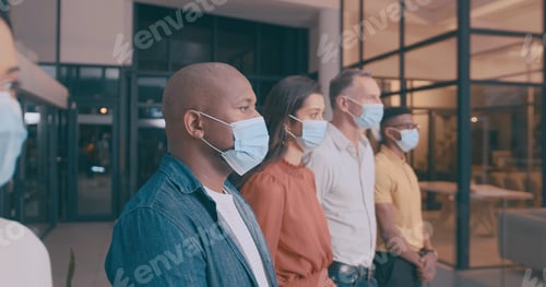 Preview: Row, man and staff with face mask in office for social distance, compliance and safety