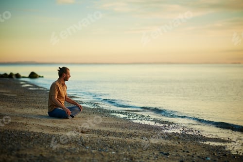Preview: Meditation, break and man in nature, beach and routine for inner peace, space