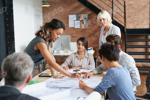 Preview: Meeting, paperwork and floor plan with business people in office for event planner