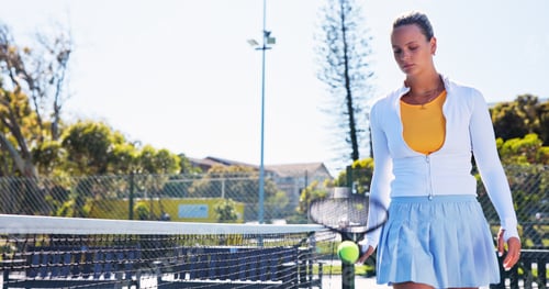 Preview: Competition, fitness and walking with woman on tennis court for start of game, match or practice