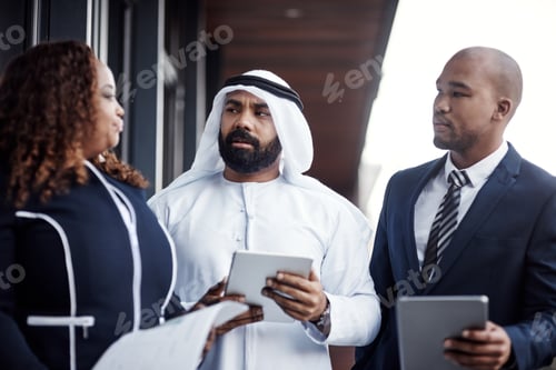 Preview: Meeting, tablet and team of business people in office for planning, trading workshop and conference