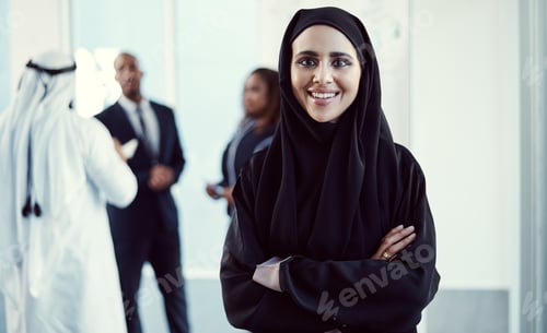 Preview: Arms crossed, smile and portrait of business muslim woman at conference for professional