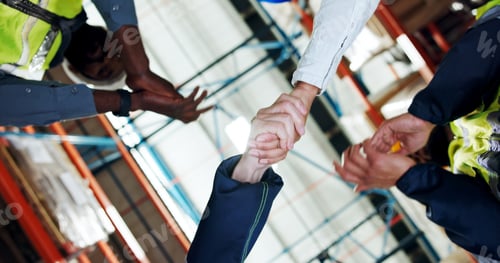 Preview: Business people, handshake or logistics with applause for partnership or distribution in storage