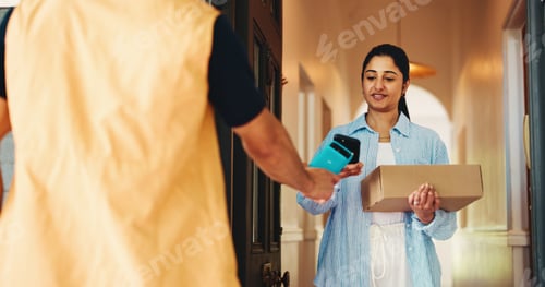 Preview: Woman, delivery and phone with pos machine, box or payment for ecommerce or online order in home