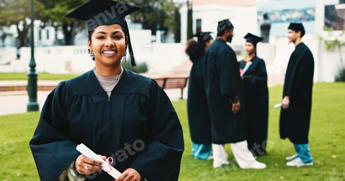 Preview: Woman, graduation and outdoor with certificate at university, celebration or portrait at campus