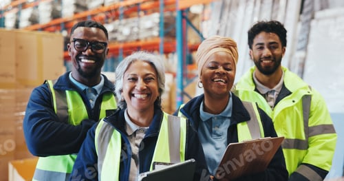 Preview: Warehouse, team and portrait of happy people with logistics workers, supply chain or about us