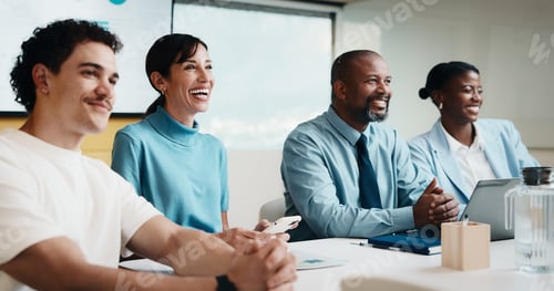 Preview: Business people, happy and team in meeting at office with planning, review