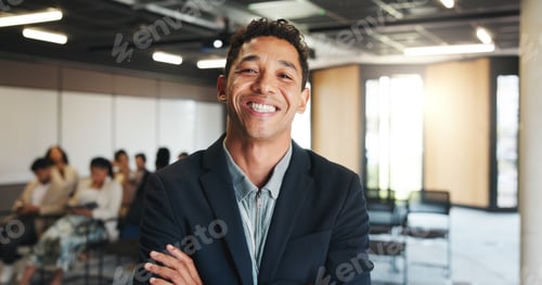 Preview: Businessman, conference and portrait in lobby for financial workshop, seminar and convention