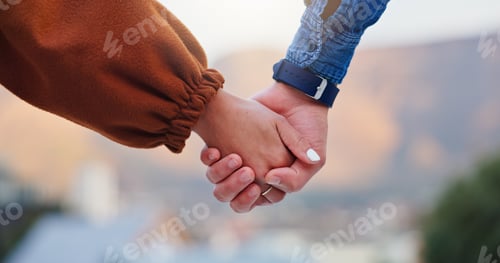 Preview: Couple, holding hand and date for travel outdoor with love, partner support and holiday