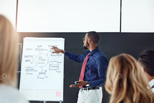 Preview: Businessman, presentation and speaker with whiteboard for team, project planning