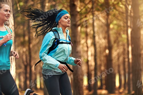 Preview: Women, fitness and running with workout in nature for outdoor exercise, race or cardio together
