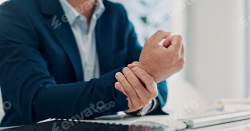 Preview: Tech, hands and business man with wrist pain in office from carpal tunnel, auditing workload or RSI