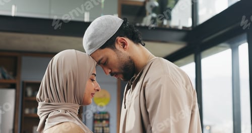 Preview: Love, forehead touch and muslim couple in home with bonding, care and marriage together