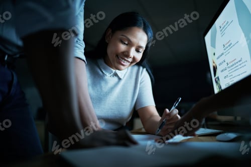 Preview: Businesswoman, team or computer with documents in meeting for project scope, app launch or night