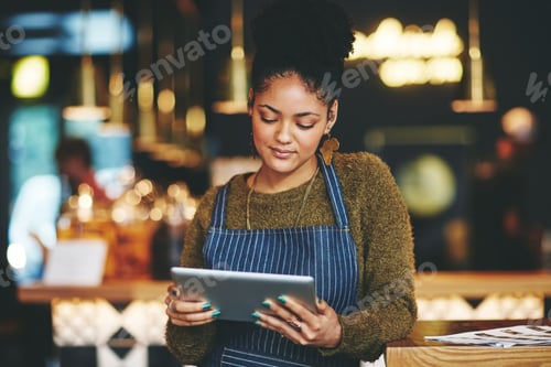 Preview: Tablet, hospitality or woman in restaurant, business owner or digital app for menu items