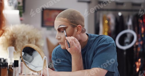 Preview: Drag artist, makeup and mirror in dressing room for stage preparation, identity and glamour