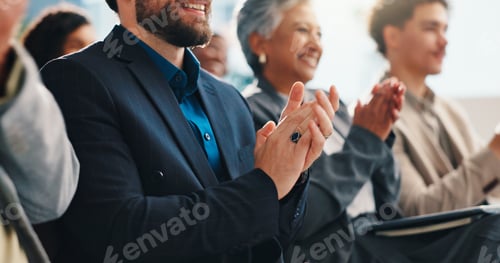 Preview: Hands, audience and applause with business people at convention, congratulations or support