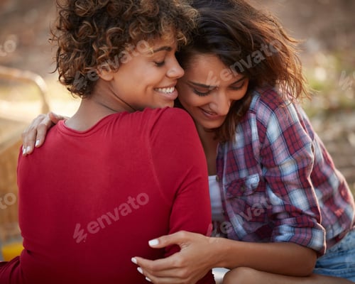 Preview: Hug, picnic and lesbian couple in park, love and bonding together with weekend break
