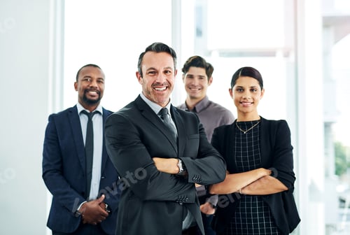 Preview: Portrait, businessman and team with arms crossed at law firm, legal representative