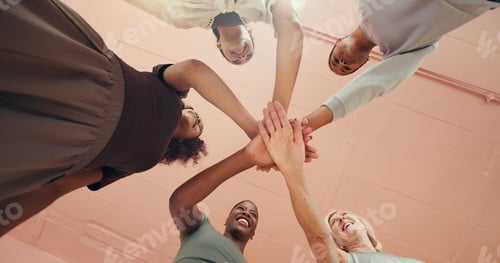 Preview: Exercise, hand stack and unity with woman friends in studio together for pilates class from below