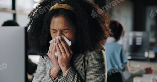 Preview: Sneezing, employee and woman with tissue in office, financial analyst and sick at night or overtime