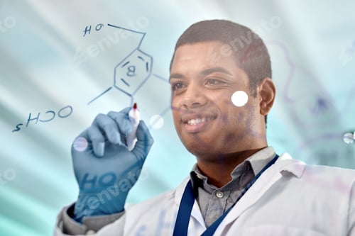 Preview: Scientist, man and writing in lab with glass wall, formula and problem solving for medical research
