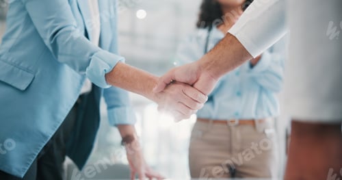 Preview: Business, deal and people shaking hands in office for b2b agreement, finance partnership or welcome