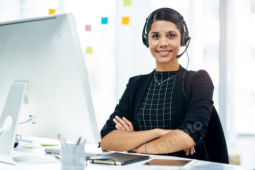 Preview: Portrait, computer and confident woman with headset in office, customer support