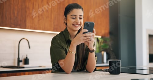 Preview: Happy woman, coffee and typing with phone in kitchen for morning discussion, chat or social media