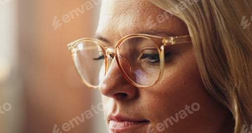 Preview: Glasses, optometry and vision with woman in home for healthcare or prescription frame lenses