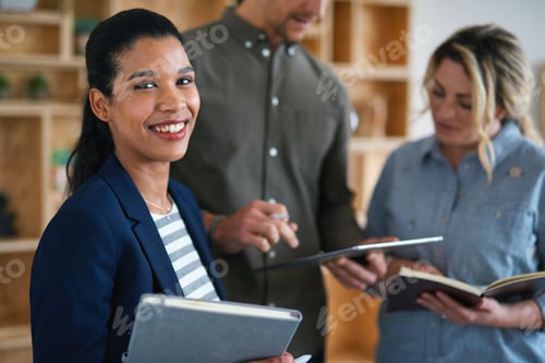 Preview: Portrait, book and business woman in meeting for finance, investment or about us with intern