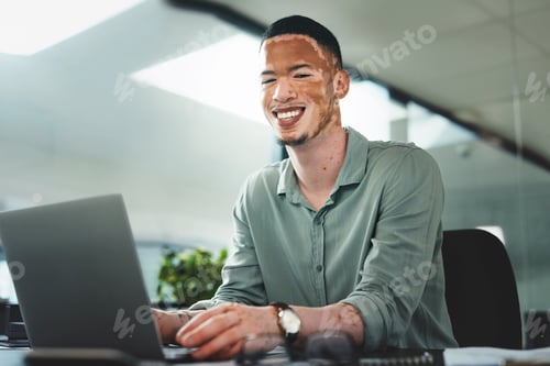 Preview: Laptop, typing and portrait of businessman in office for research on finance report with budget